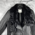 Ashley B $1795 Leather Shearling Wool Zipper Cowl Moto Biker Coat Jacket Black S