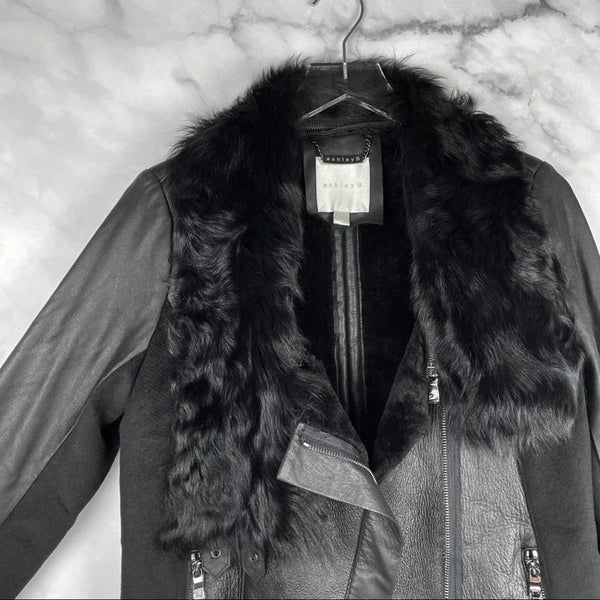 Ashley B $1795 Leather Shearling Wool Zipper Cowl Moto Biker Coat Jacket Black S