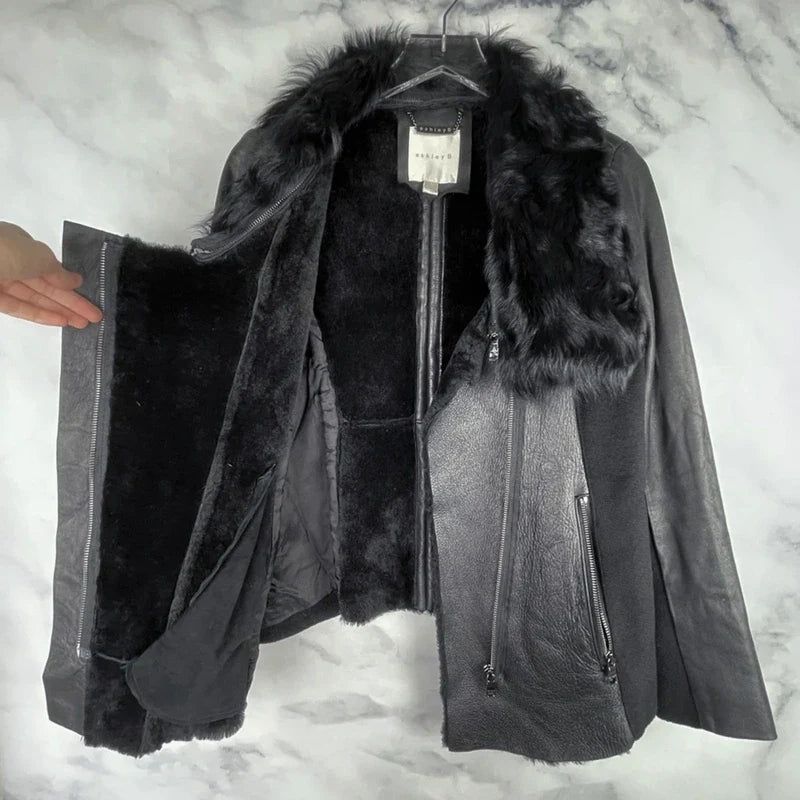 Ashley B $1795 Leather Shearling Wool Zipper Cowl Moto Biker Coat Jacket Black S