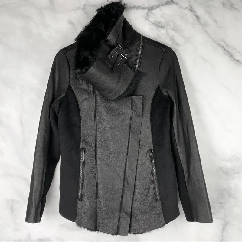 Ashley B $1795 Leather Shearling Wool Zipper Cowl Moto Biker Coat Jacket Black S