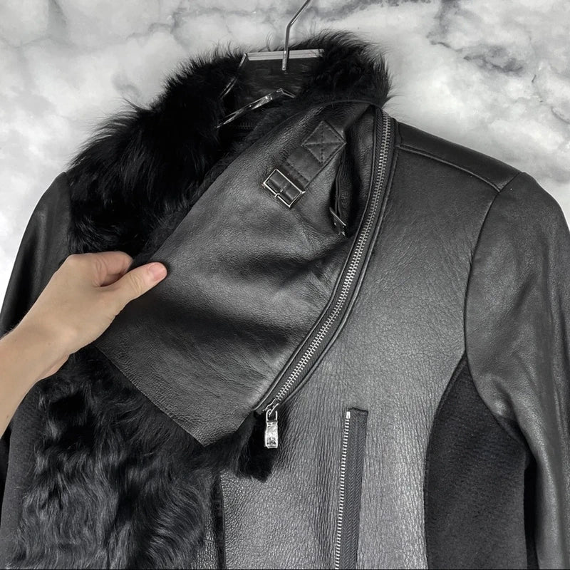 Ashley B $1795 Leather Shearling Wool Zipper Cowl Moto Biker Coat Jacket Black S