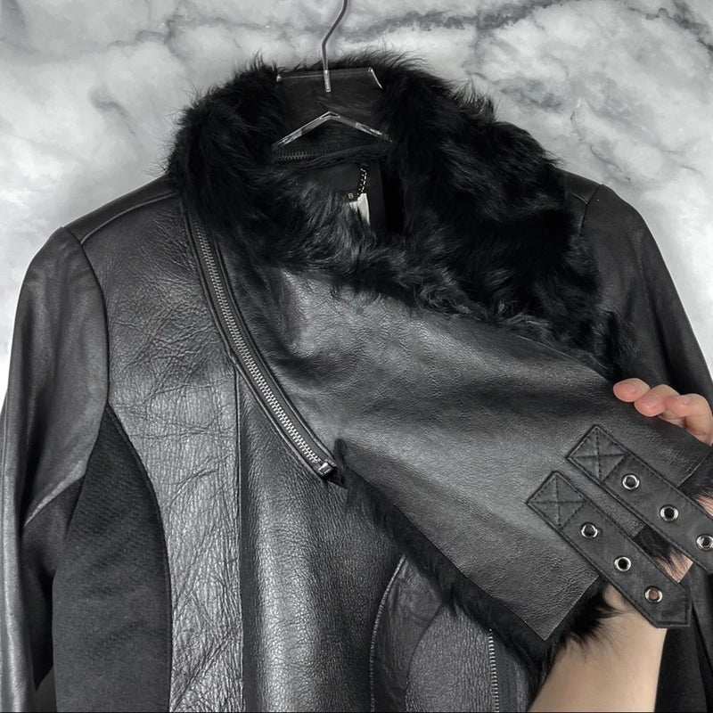 Ashley B $1795 Leather Shearling Wool Zipper Cowl Moto Biker Coat Jacket Black S