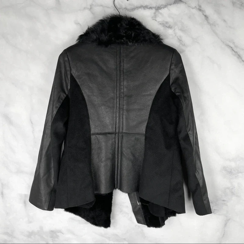 Ashley B $1795 Leather Shearling Wool Zipper Cowl Moto Biker Coat Jacket Black S