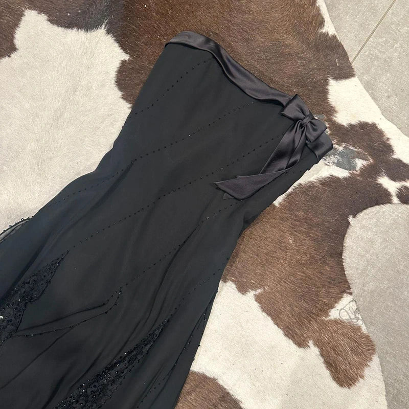 Destinations by Mon Cheri 100% Silk Black Y2k Vintage Strapless Gown